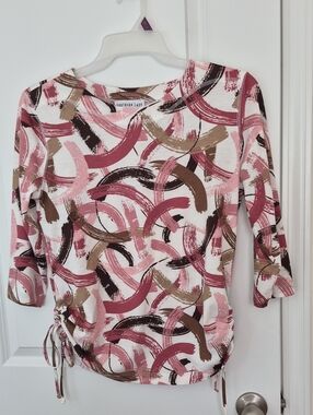 Southern Lady Pink, Tan & Brown Abstract Brushstroke Tie-Hem 3/4 Sleeve Top Sz S